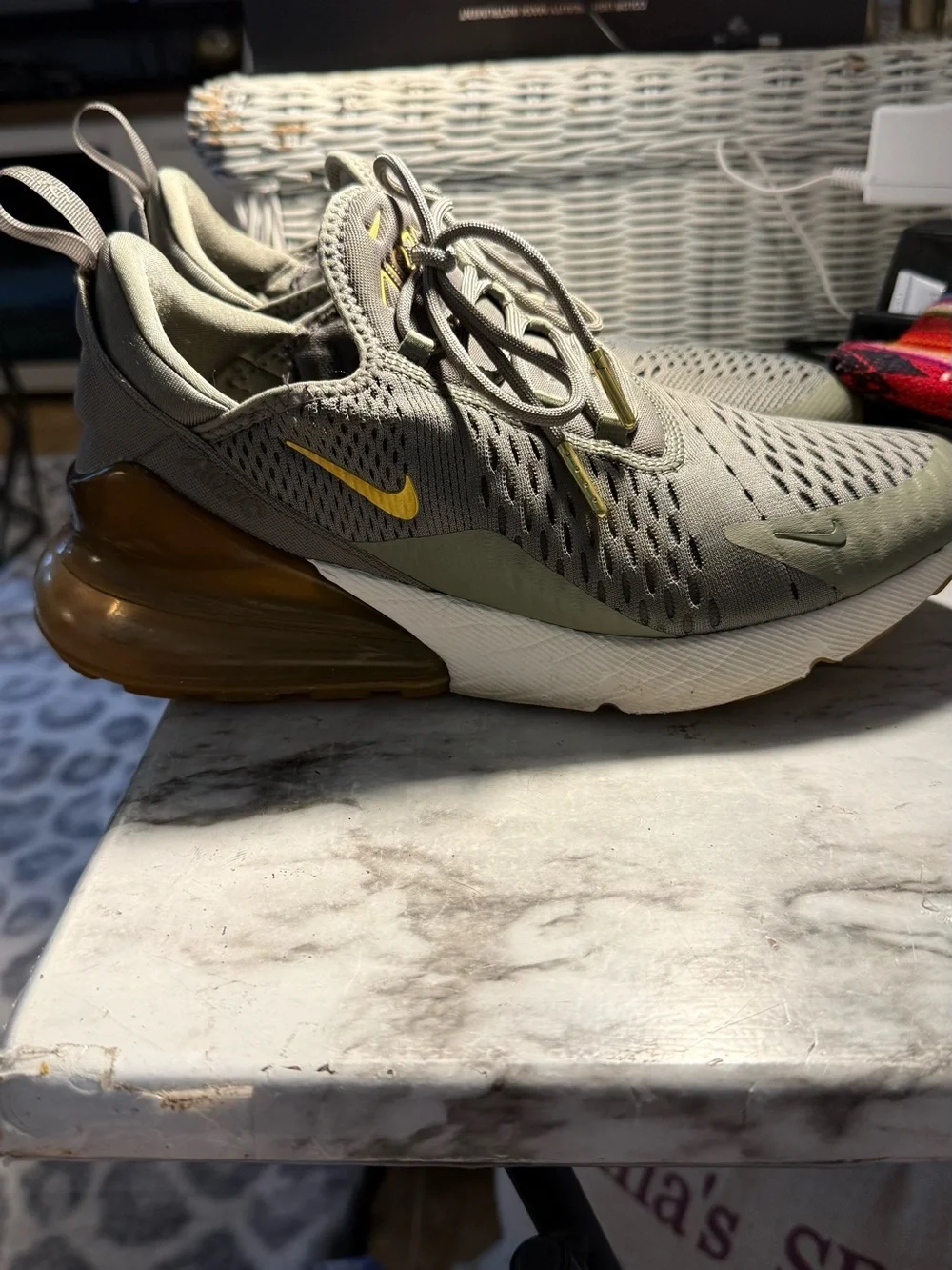 Nike Women's Olive Gray Sneakers with Gold Accents